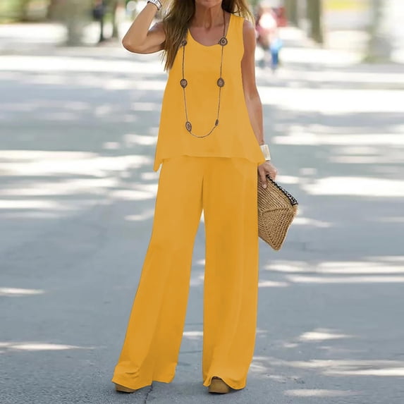 Riforla Women 2 Piece Outfits Boho Casual Solid Color Vest Sleeveless Top Loose Wide Leg Pants Trousers Two Piece Set Suit Trousers Sets Yellow_001 XXL
