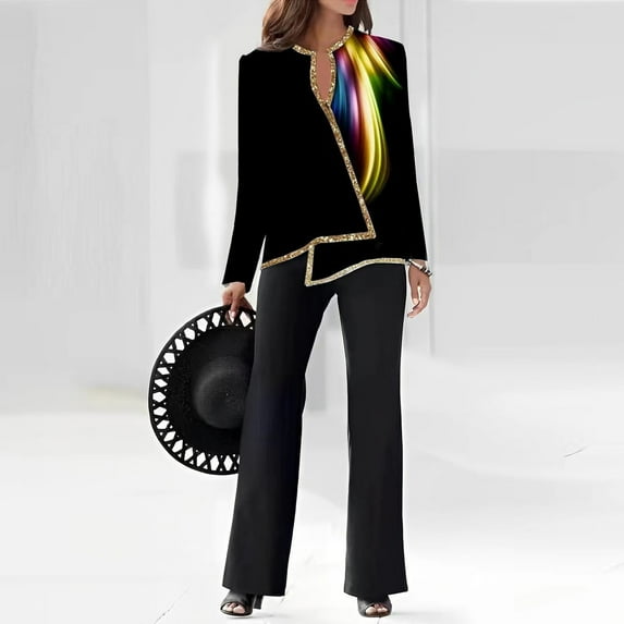 Riforla Women 2 Piece Outfits Casual Long Sleeve Top Loose Wide Leg Pants Trousers Two Piece Set Suit 2 Piece Sets Women Outfit Black XXL