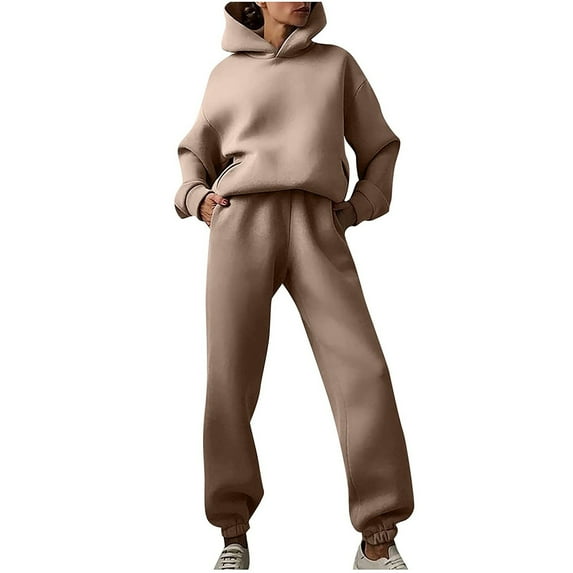 Riforla Women 2 Piece Outfits Solid Color Hoodie Sweatshirt Tracksuit Oversized Jogger Sweatpants Y2K Sweatsuit Set Sweatshirts for Women Coffee S