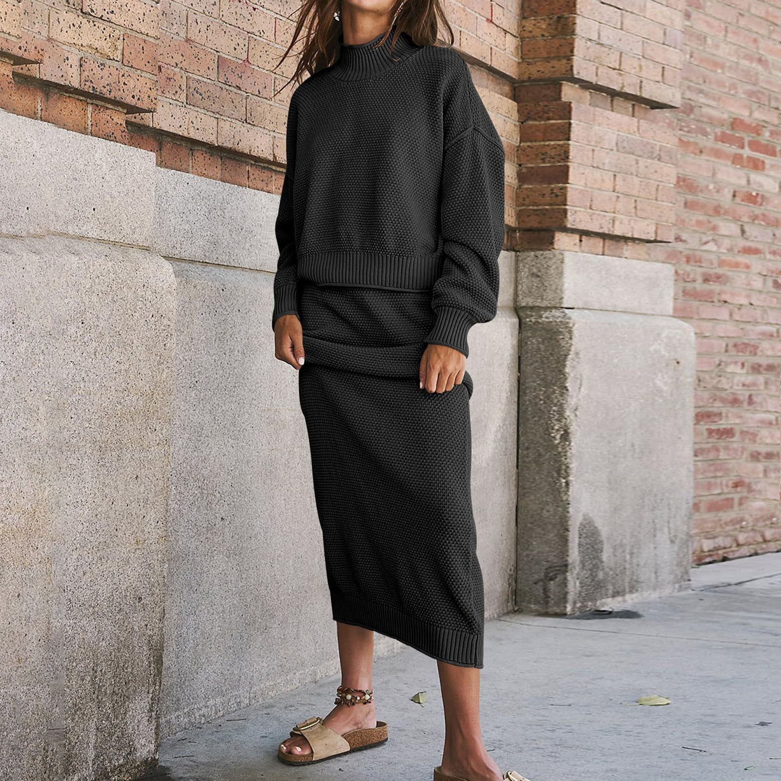 Riforla Women Piece Sweater Skirt Set Outfits Neck Long Sleeve - Main Image