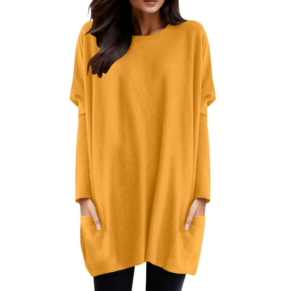 Fgnfyis Womens Tops Autumn Winter Casual Fashion Round Neck Long Sleeve Long T Shirt Top Pocket Puff Sleeve Print T Shirts for Women Yellow S