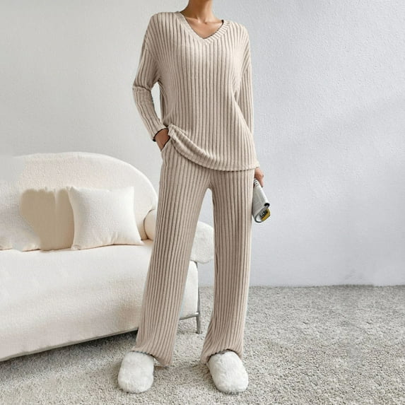 Riforla Women Autumn and Winter Fashion Temperament Loose Casual Wide Leg Pants Knitted Solid Color Sweater Two Piece Suit Set Pants Sets for Women Beige L