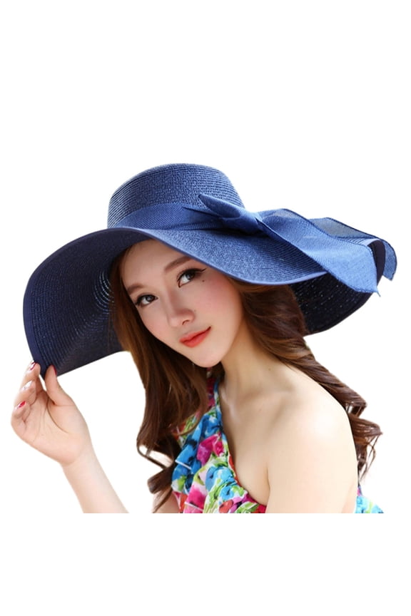 Women Big Brim Straw Hat Sun Floppy Wide Brim Hats New Bowknot Folding Beach Cap Summer Hats Navy