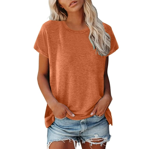 Ediodpoh Women Cap Sleeve Summer Casual Tops O Neck Solid Color Casual Shirts Loose Fit Blouse Women's Tops Orange_001 XXXXL