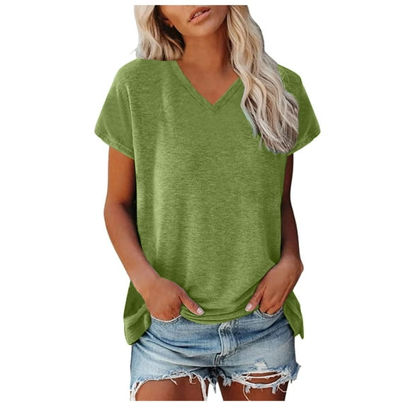 Fgnfyis T Shirts for Women Cap Sleeve Summer Casual V Neck Solid Color Tops Loose Fit Blouse Short Sleeve Womens Tops GN1_002 S