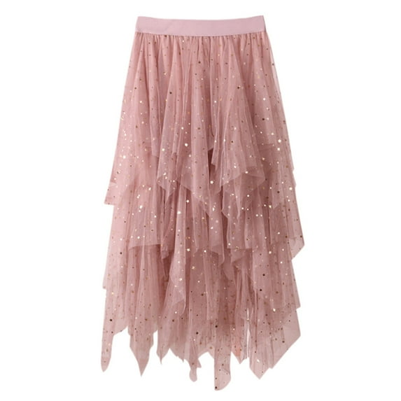 Riforla Women Casual Elastic High Waist Blingbling Mesh Skirt Tutu Skirt Irregular Hem Skirt Skirts for Women Pink One Size