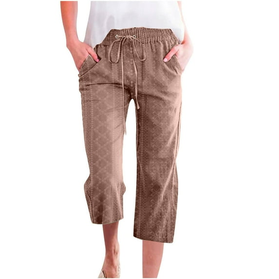 Riforla Women Casual Embroidery Eyelet Elastic Drawstring Capri Pants Fashion Solid Color Capri Leggings with Pocket Pants for Women Brown XXXL