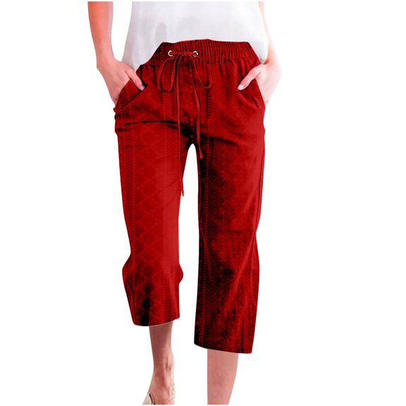 Fgnfyis Women's Capri Pants Embroidery Eyelet Elastic Drawstring Cropped Trousers Fashion Solid Color with Pocket Womens Summer Pants Red XXL