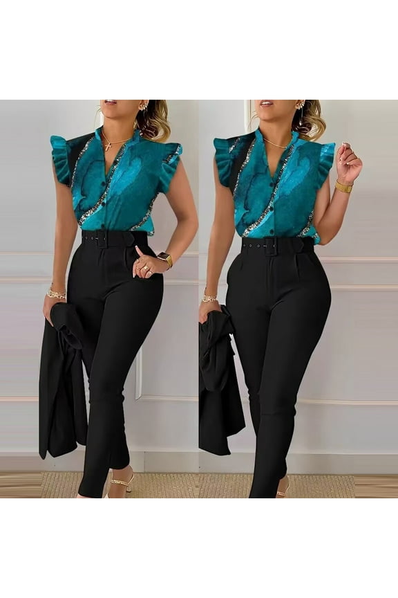 Riforla Women Casual Fashion Print Ruffle Sleeve Vest Shirt Blouse Betton Pant with Belt Set Suits Pants Sets Black M