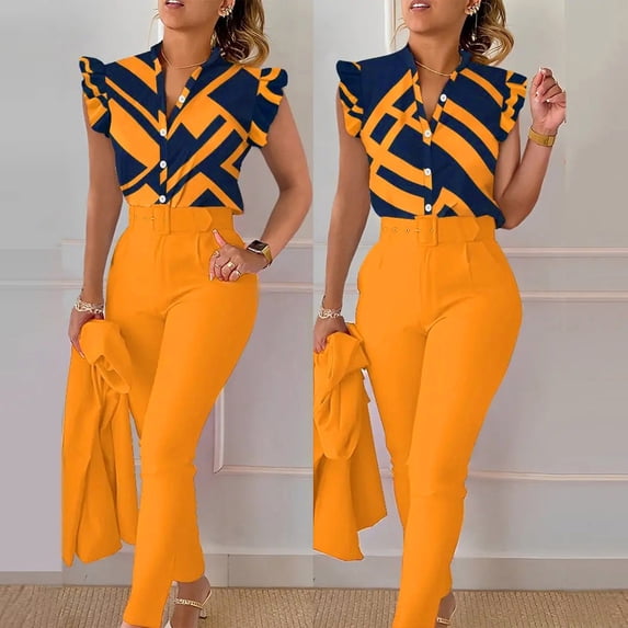 Riforla Women Casual Fashion Print Ruffle Sleeve Vest Shirt Blouse Betton Pant with Belt Set Suits Sets for Women 2 Pieces Yellow XXL