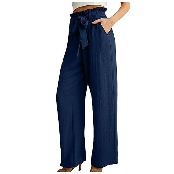Riforla Women Casual Pants High Waisted Self Tie Belted Pants Straight Long Trousers with Pockets Pants for Women Blue L