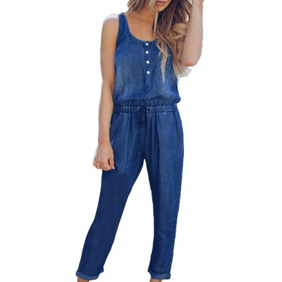 Riforla Women Casual Sleeveless Tank Jumpsuit Demin Jeans Beach Strappy Button Rompers with Pockets Jumpsuit Jumpsuits for Women Dark Blue S
