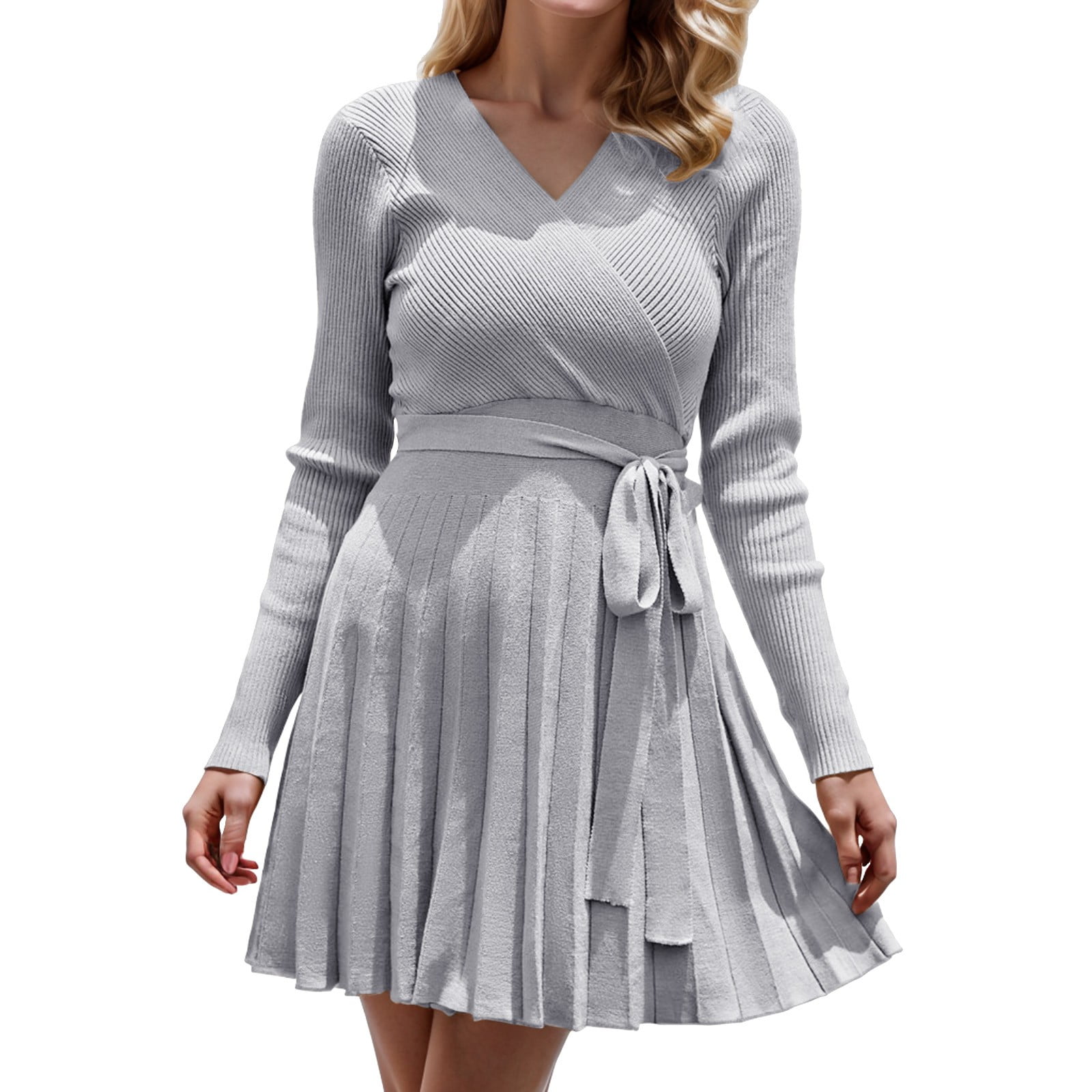 Long Sleeves Skinny Backless Contrast Color Tied Round-Neck Knit Dresses Mini Dresses main image 0
