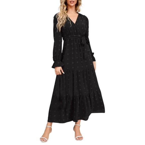Riforla Women Casual Solid Maxi Dress V Neck Large Swing Dress Belt Long Sleeve Long Wedding Party Dresses Black S