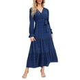 thumbnail image 1 of Riforla Women Casual Solid Maxi Dress V Neck Large Swing Dress Belt Long Sleeve Long Wedding Party Dresses Blue L, 1 of 6