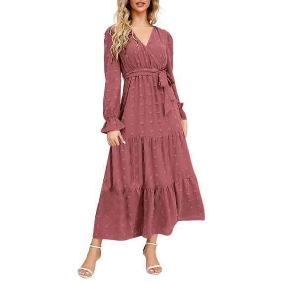 Riforla Women Casual Solid Maxi Dress V Neck Large Swing Dress Belt Long Sleeve Long Wedding Party Dresses Pink XL
