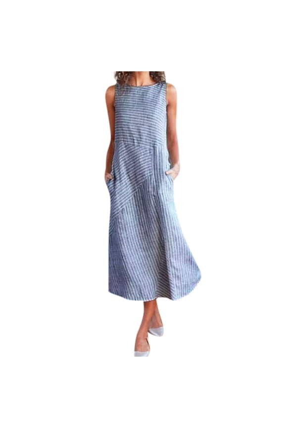 Riforla Women Casual Striped Sleeveless Dress Crew Neck Linen Pocket Long Dress Petite Spring Maxi Dresses for Women Casual Fall Dresses for Women Womens Dresses Blue M
