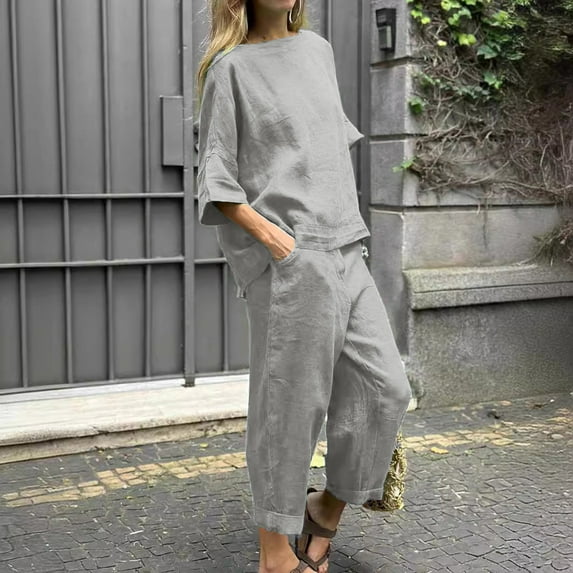 Riforla Women Fashion Casual Solid Color Shirt High Waist Loose Pocket Pant Two Piece Top and Bottom Set Matching Sets Women Clothing Grey L