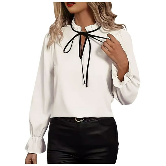 Riforla Women Fashion Solid Casual Elegant Long Sleeve Ruffled Sleeve Shirt Top Womens Tops White S