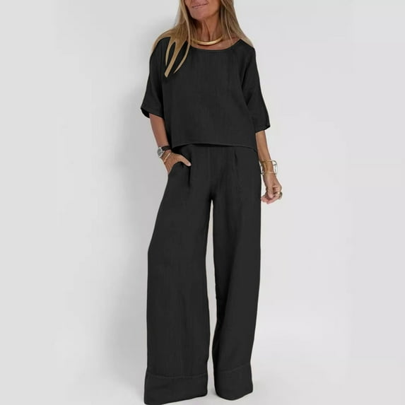 Riforla Women Fashion Solid Casual Loose Seven Quarter Sleeve Wide Leg Pantsuit 2 Piece Sets for Women Black M