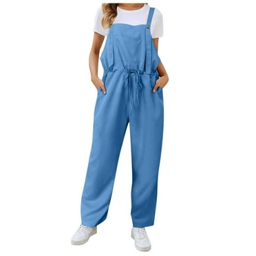 Riforla Women Fashion Solid Overalls Casual Loose Lace up Pocket Jumpsuit Trousers Jumpsuits for Women Blue L