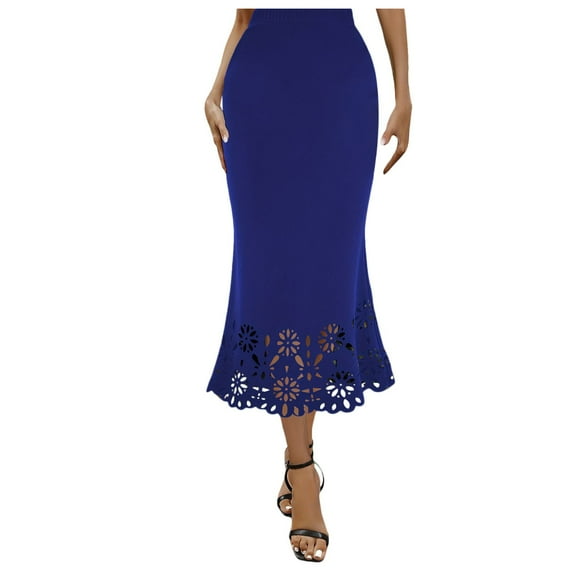 Riforla Women Fashion Solid Skirt Elastic Waist Slim Hollow A Shaped Skirt Fishtail Skirt Skirts for Women Trendy Blue XL