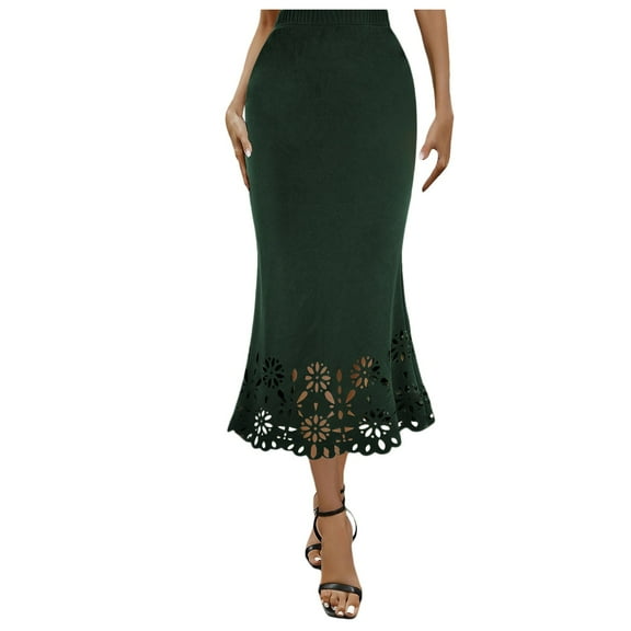 Riforla Women Fashion Solid Skirt Elastic Waist Slim Hollow A Shaped Skirt Fishtail Skirt Skirts for Women Trendy Green S