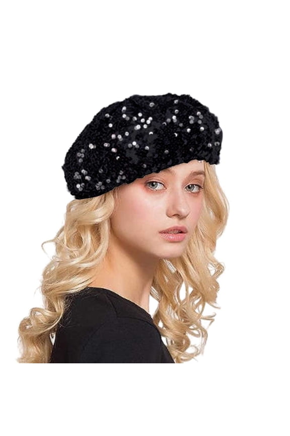 Women Fashion Sparkling Sequins Beret Colorful Cap Nightclub Dress Hat Berets Hat for Women Black