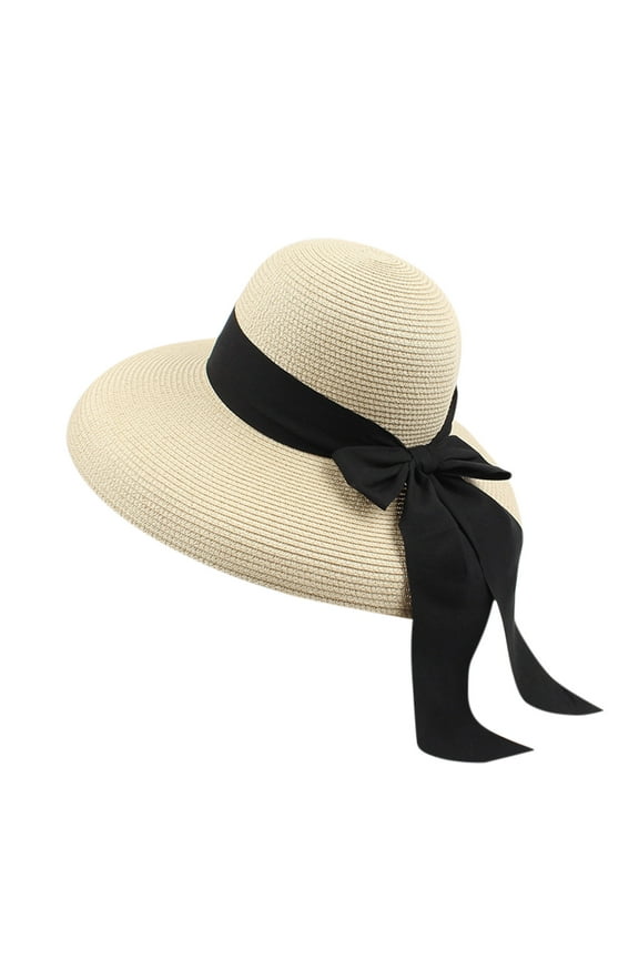 Women Fashion Summer Bow Straw Foldable Hat Beach Sun Protection Hats Caps Baseball Caps Beige