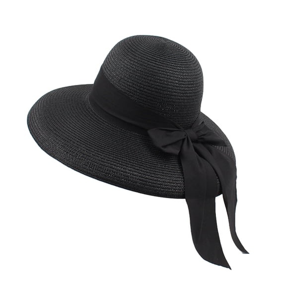 Riforla Women Fashion Summer Bow Straw Foldable Hat Beach Sun Protection Hats Caps Baseball Caps Black