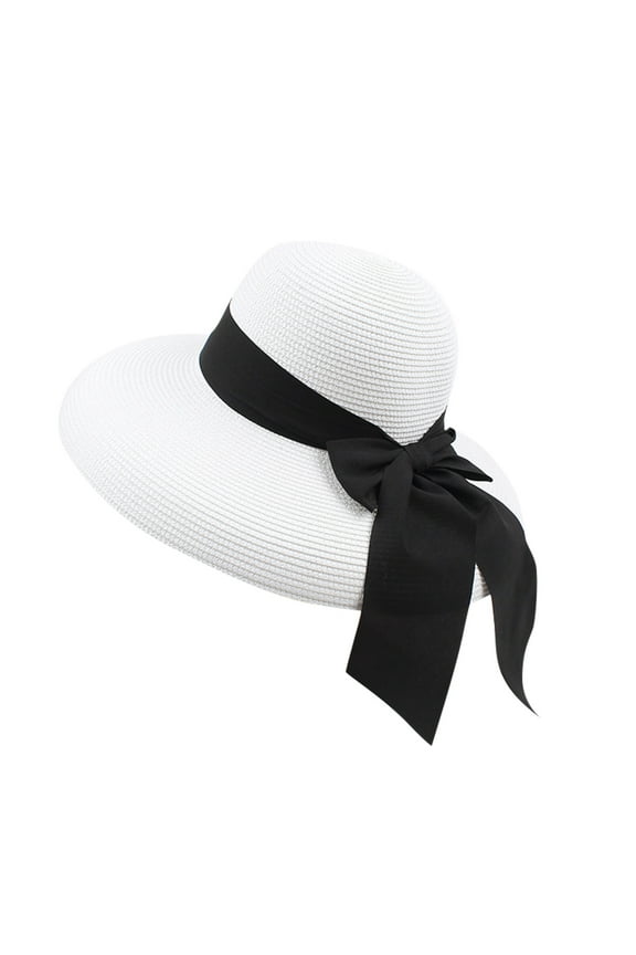 Women Fashion Summer Bow Straw Foldable Hat Beach Sun Protection Hats Caps Baseball Caps White