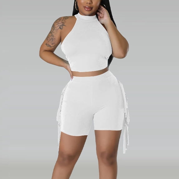 Riforla Women Fashionable Sexy Round Neck Sleeveless Fringe Solid Color Casual Shorts Two Piece Sets for Women 2 Pieces White M