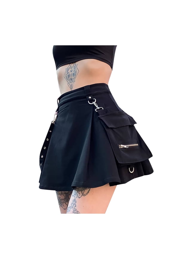 Women High Waist Gothic Punk Stree Style Belt Irregular Pleated A-line Skirt Skirts for Women Black S