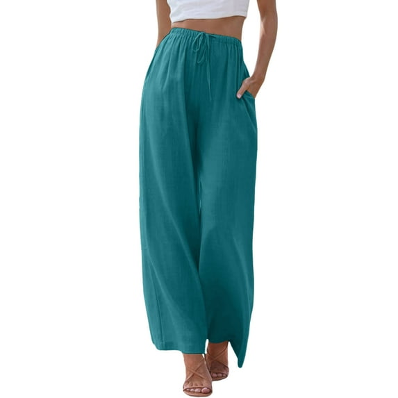 Ediodpoh High Waisted Wide Leg Pants for Women Fashion Drawstring Elastic Comfy Straight Leg Long Pants with Pockets Casual Linen-Like Lake Blue XXXL
