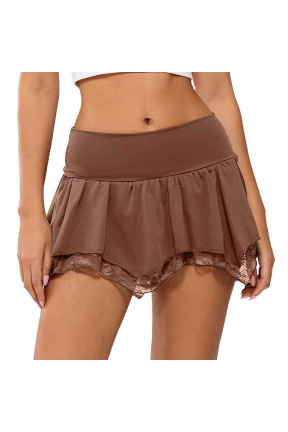 Women Lace Mini Skirt Low Rise Micro Skirt Asymmetrical Ruffle Hem Flared Lingerie Short Skirts Women's Skirts Coffee M