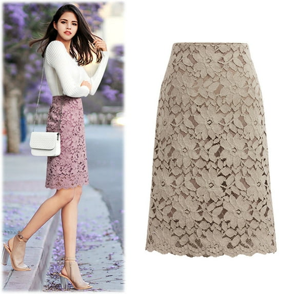 Riforla Women Lace Skirt A-Line Hollow Out Fitness SKirt Knee Length Plus SIze Skirt Women's Skirts Khaki M