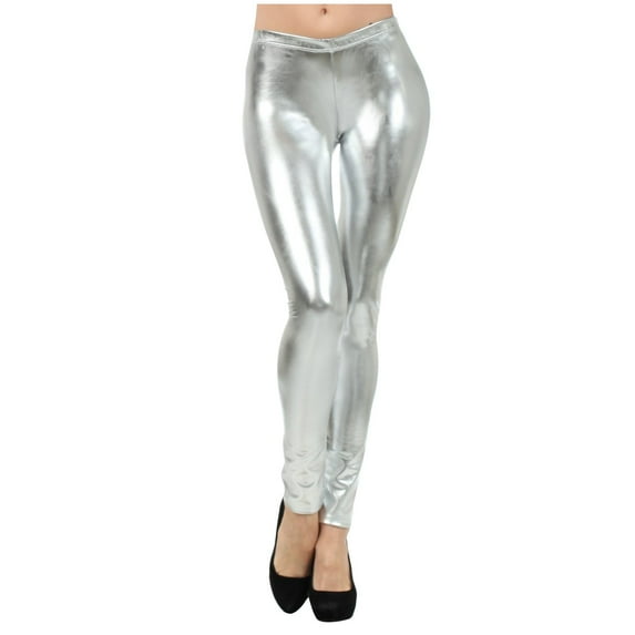 Riforla Women Leggings Clubwear Shiny Body Tight Trousers Carnival Women Tights Silver L