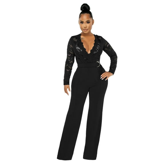 Riforla Women Long Sleeve Club Overalls Lace Bodycon Romper Party Jumpsuits Womens Jumpsuits Black L