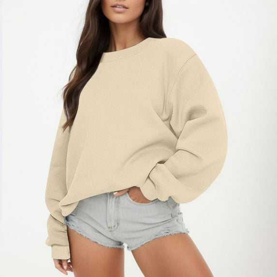 Ediodpoh Women Long Sleeve Sweatshirt Casual Crewneck Loose Fit Pollover Hoodie Fall Tops Women's Hoodless Sweatshirt Beige XL
