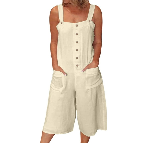 Riforla Women Loose Casual Jumpsuits Cotton Linen Wide Leg Jumpsuits Bib Pants Baggy Rompers Overalls with Pockets Casual Jumpsuits for Women Beige M