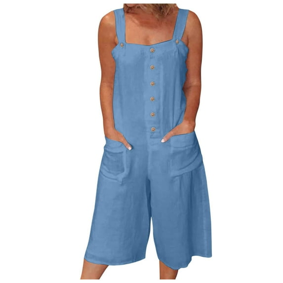 Riforla Women Loose Casual Jumpsuits Cotton Linen Wide Leg Jumpsuits Bib Pants Baggy Rompers Overalls with Pockets Casual Jumpsuits for Women Blue S