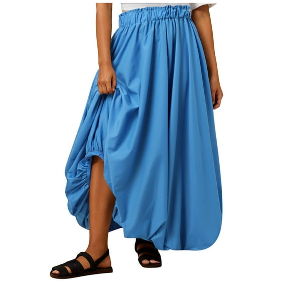 Riforla Women Maxi Bubble Skirt Elastic Waist Aline Long Puff Skirt Ruffle Hem Balloon Skirts Womens Skirts Blue M