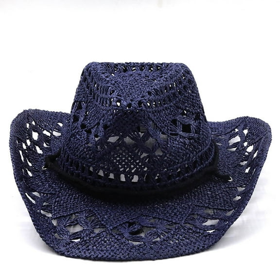 Riforla Women Men Summer Western Cowboy Hat Shapeable Straw Hat Hollowed Out Sun Hat Mens Womens Hats Navy