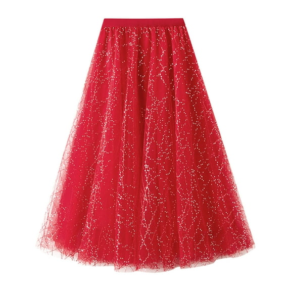 Riforla Sparkly Skirt for Women Mid Length Sequin Dance Party A Line High Waisted Holiday Party Pleated Half Skirt Long Skirts for Women Red_001 One Size