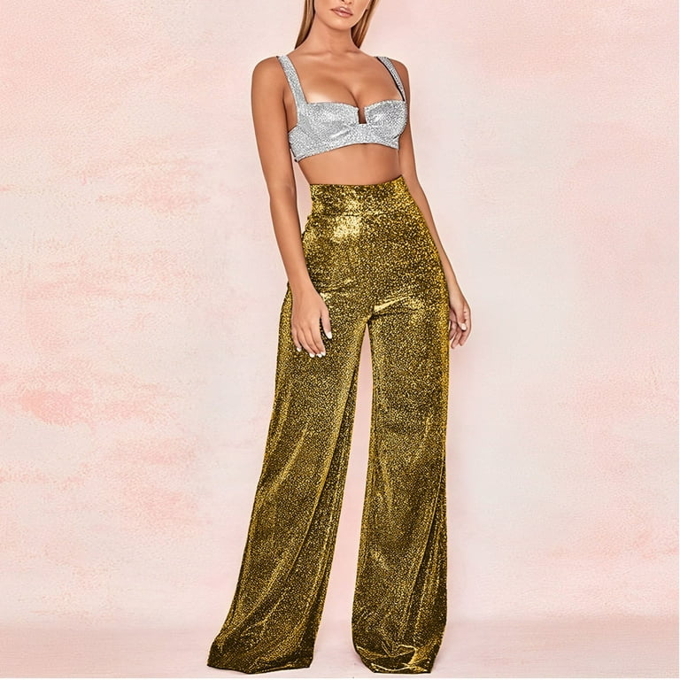 Riforla Women Pants Women s Bright Silk High Waist Draped Zipper Wide Leg Flare Pants Plus Size Pants Gold S Walmart
