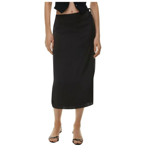 Riforla Women Satin Skirt High Waist Slit Zipper Straight Solid Color Temperament Long Skirt Skirts for Women Black S
