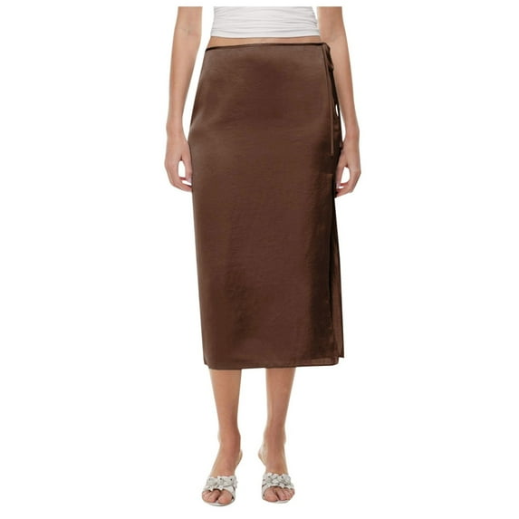 Riforla Women Satin Skirt High Waist Slit Zipper Straight Solid Color Temperament Long Skirt Skirts for Women Brown L