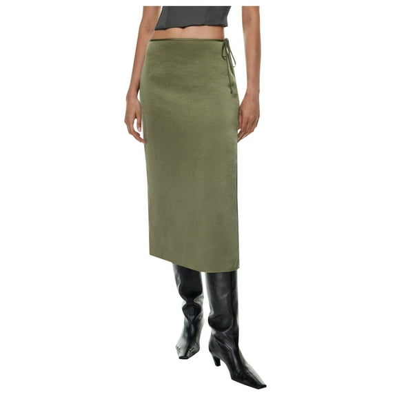 Riforla Women Satin Skirt High Waist Slit Zipper Straight Solid Color Temperament Long Skirt Skirts for Women Green L