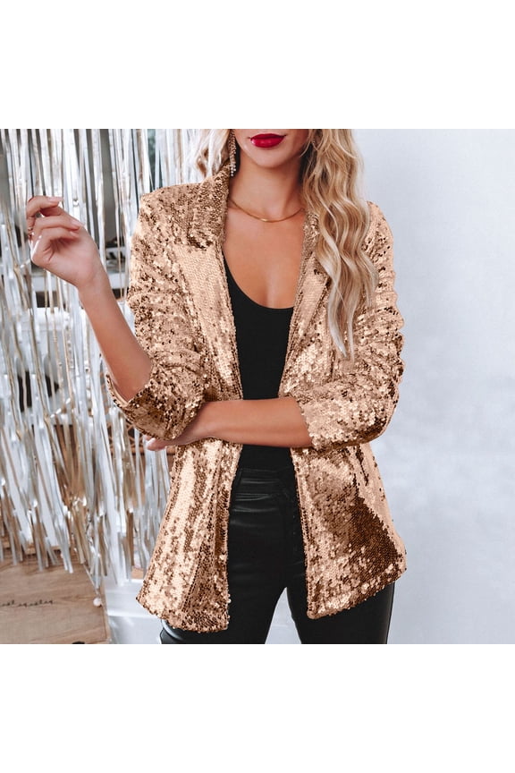 Women Sequins Blazer Sequin Shimmer Jacket Casual Long Sleeve Glitter Party Shiny Lapel Coat Rave Outerwear Women's Blazers & Suit Jackets Gold M