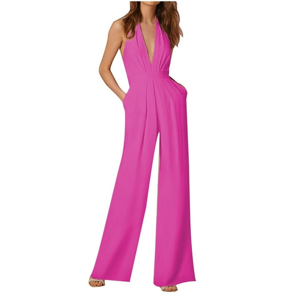 Riforla Women Sexy Solid Color Party Sexy Halterneck Trousers with Pockets Jumpsuit Womens Jumpsuit Hot Pink S
